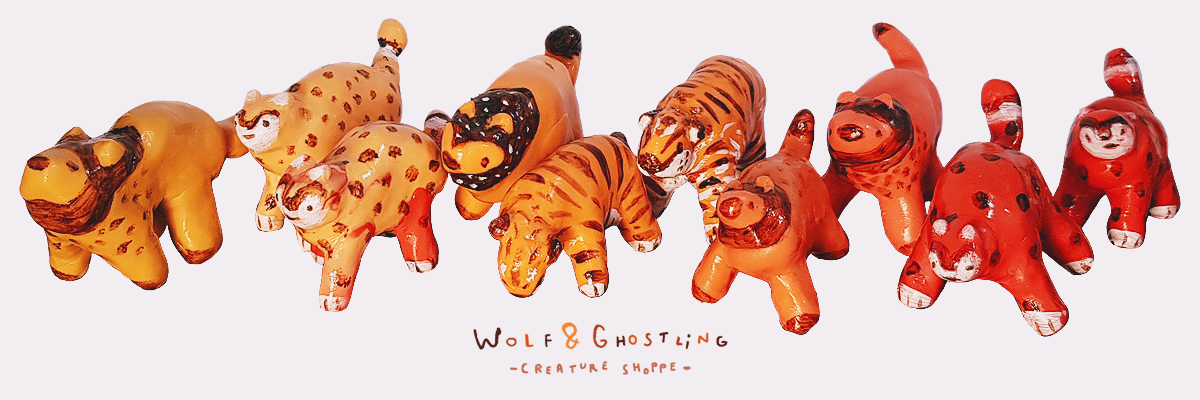 wolf and ghostling clay creatures banner